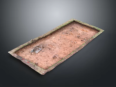 Ancient Rectangular Excavated Pit At Archaeological Site With Green Edges Soil Stones 3d model