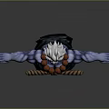 Muscular Blue Skinned Character with White Hair Red Necklace Braided Belt Green Pants Outstretched Arms