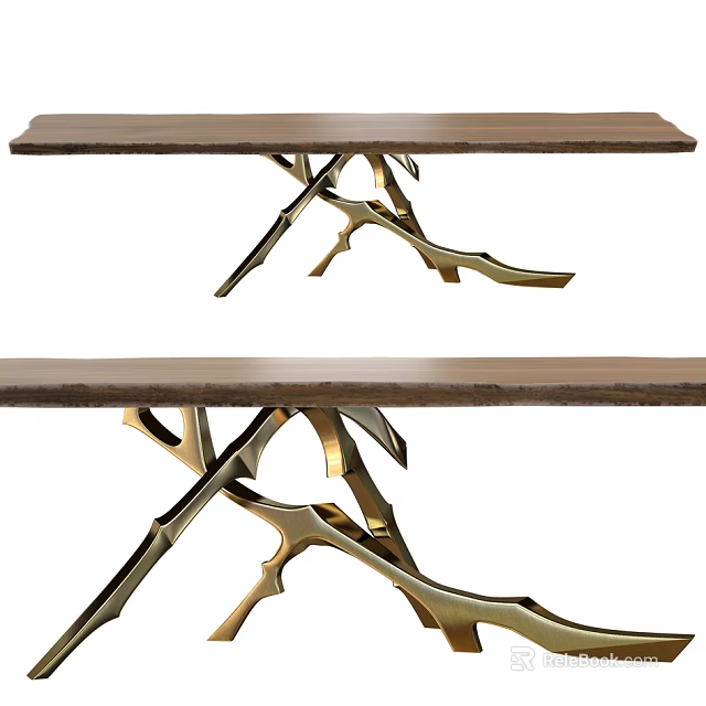 Elegant Wooden Dining Table Featuring Golden Branch Like Intersecting Legs Design 3d model 