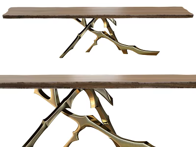 Elegant Wooden Dining Table Featuring Golden Branch Like Intersecting Legs Design 3d model