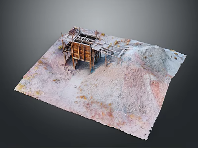 Mining Site Model With Wooden Scaffold Structure Sand Piles And Colored Ground Texture 3d model