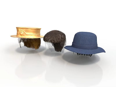 Trendy Hats for Daily Use Featuring Golden Brown and Blue Colors with Hair Accents 3d model