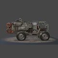 Armored Utility Vehicle with Rugged Design Large Tires and Storage Units on Sandy Terrain Illuminated