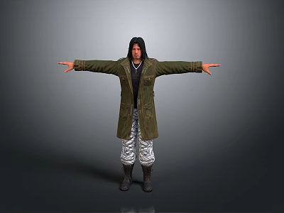 Man Wearing Green Coat Dark Inner Shirt With Arms Outstretched Against Gray Background 3d model