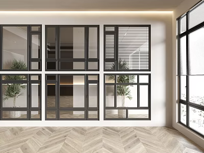 Modern Interior Glass Partition With Black Frames Green Plants And Herringbone Floor 3d model