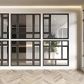 Modern Interior Glass Partition With Black Frames Green Plants And Herringbone Floor