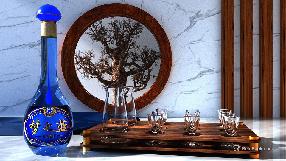 Elegant Blue Wine Bottle and Glasses on Wooden Tray with Marble Background and Tree Decoration 3d model 