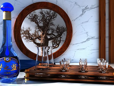 Elegant Blue Wine Bottle and Glasses on Wooden Tray with Marble Background and Tree Decoration 3d model
