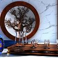 Elegant Blue Wine Bottle and Glasses on Wooden Tray with Marble Background and Tree Decoration