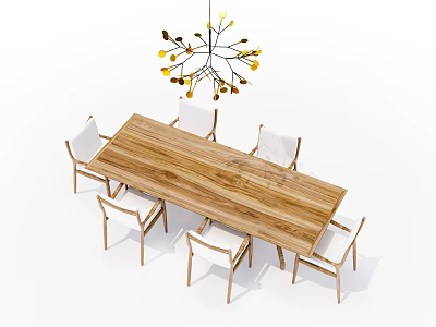 Wooden Rectangular Dining Table Set With Six White Chairs And Decorative Chandelier 3d model