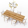 Wooden Rectangular Dining Table Set With Six White Chairs And Decorative Chandelier