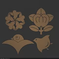 Decorative Carved Designs Featuring White Birds Flower and Leaf Patterns on Blue Background 3d model