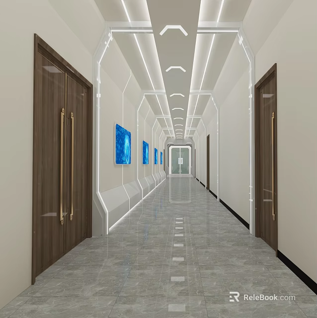 Modern Office Corridor With Wooden Doors Wall Paintings Ceiling Lighting And Polished Floor 3d model 