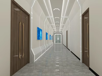 Modern Office Corridor With Wooden Doors Wall Paintings Ceiling Lighting And Polished Floor 3d model
