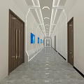 Modern Office Corridor With Wooden Doors Wall Paintings Ceiling Lighting And Polished Floor