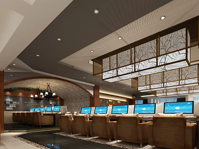 Modern Internet Cafe Interior With Multiple Computer Monitors Comfortable Brown Seats And Stylish Ceiling Lights 3d model