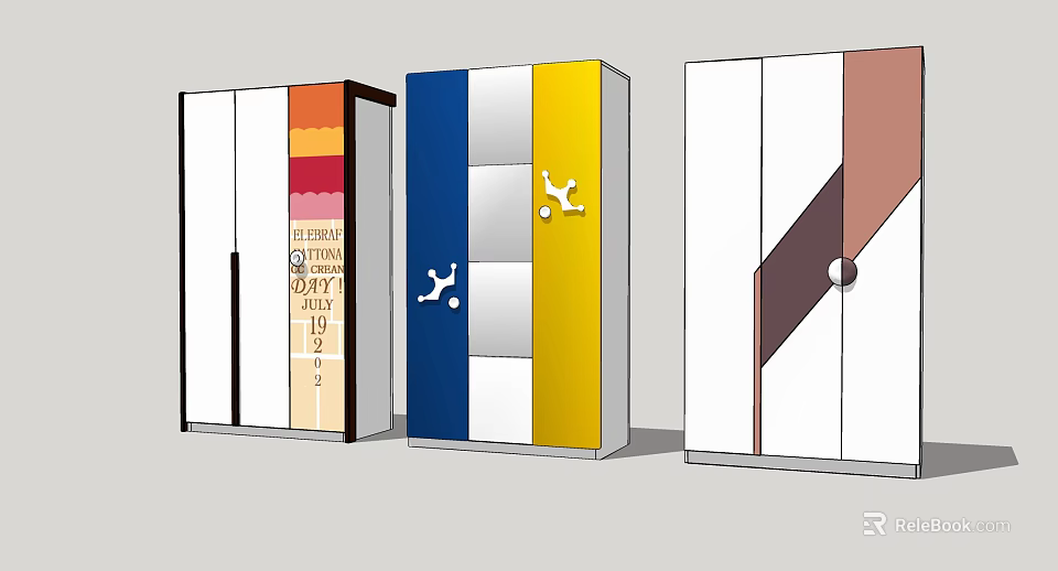 Colorful Wardrobes Featuring Various Color Combinations And Decorative Elements Such As Text Patterns And Handles 3d model 
