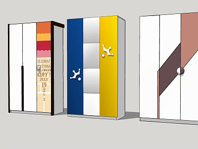 Colorful Wardrobes Featuring Various Color Combinations And Decorative Elements Such As Text Patterns And Handles 3d model
