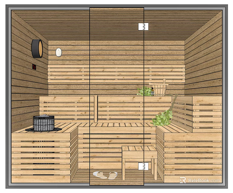 Wooden Shower Sauna Interior With Bench Storage And Green Plants 3d model 
