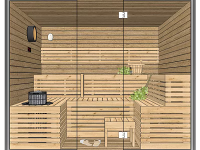Wooden Shower Sauna Interior With Bench Storage And Green Plants 3d model