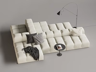 Beige Sectional Sofa With Soft Pillows Blanket Floor Lamp And Wooden Side Table 3d model