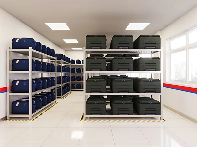 Organized Storage Room With Metal Shelves Holding Blue And Black Boxes 3d model