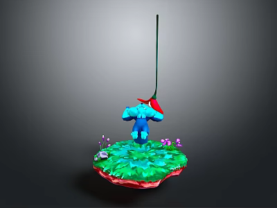 Blue Character With Red Hat Standing On Green Platform With Purple Flowers And Hanging Rope 3d model