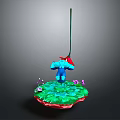 Blue Character With Red Hat Standing On Green Platform With Purple Flowers And Hanging Rope