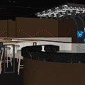 Modern Bar Interior With Circular Counter Neon Lighting Reflective Ceiling And Seating Area