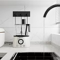 Modern Kitchen Interior With White Cabinets Black Range Hood Appliances And Light Colored Floor