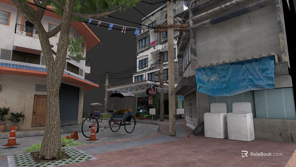 Old Multi Story Urban Buildings With Rickshaw Hanging Clothes Overhead Wires And Street Trees 3d model 