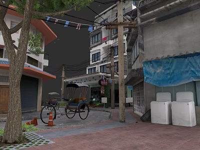 Old Multi Story Urban Buildings With Rickshaw Hanging Clothes Overhead Wires And Street Trees 3d model