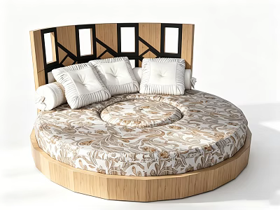 Modern Round Bed With Wooden Headboard Black Accents Patterned Bedspread And White Pillows 3d model