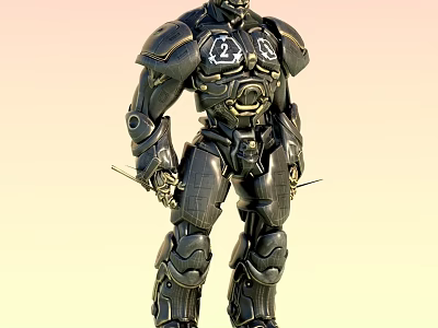 Man In Black Mechanical Armor With Golden Accents Holding Dual Swords 3d model