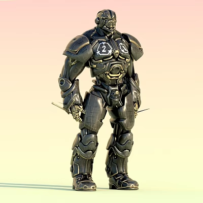 Man In Black Mechanical Armor With Golden Accents Holding Dual Swords 3d model