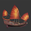 Vintage Chinese Junk Sailing Boat With Red Sails Cargo And Dark Background Reflection