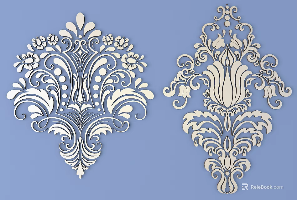 White Decorative Carvings With Floral Patterns And Scroll Designs On Blue Background 3d model