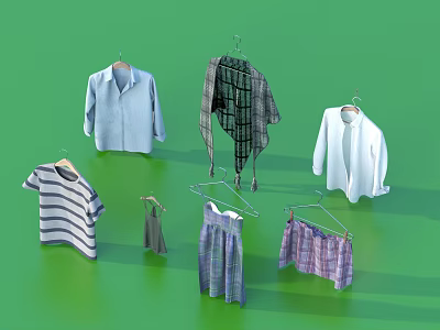 Assorted Clothes on Hangers Including Shirt Plaid Top Striped T Shirt Skirts on Green Background 3d model
