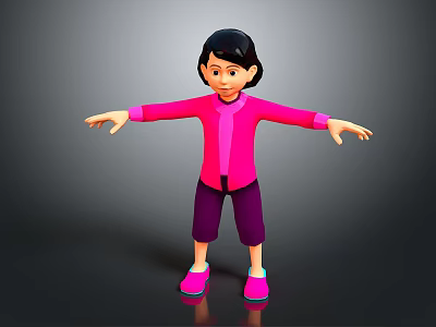 Woman in pink jacket and purple pants with arms outstretched against gray background 3d model