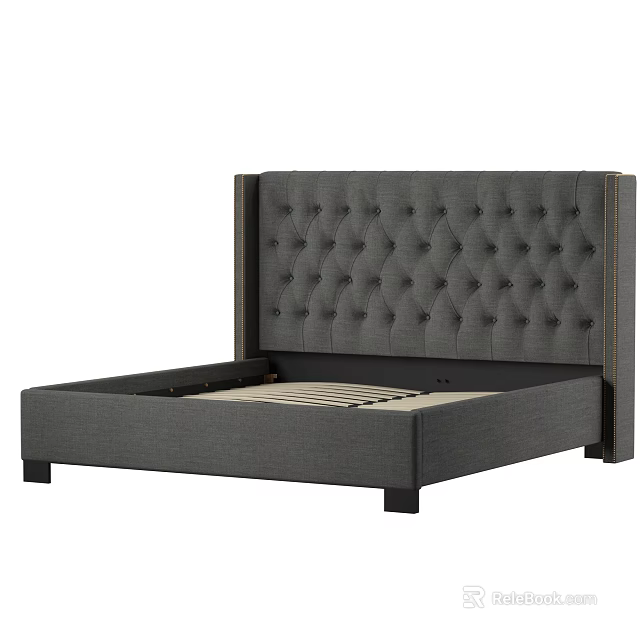 Gray Upholstered Double Bed With Tufted Headboard Modern Sleek Platform Frame 3d model