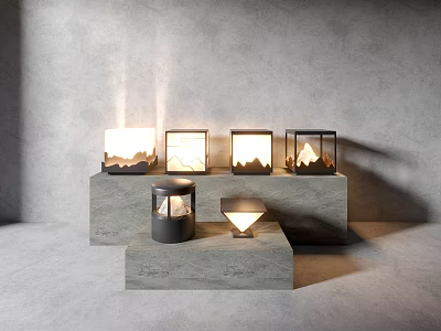 Decorative Modern Outdoor Lights On Stone Display With Warm Glow And Geometric Shapes 3d model