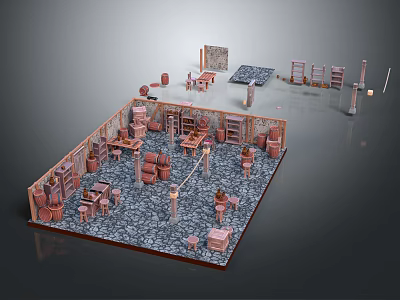 Cartoon Interior Scene With Various Furniture Tables Chairs Cabinets Columns And Gray Floor 3d model