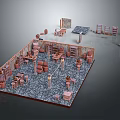 Cartoon Interior Scene With Various Furniture Tables Chairs Cabinets Columns And Gray Floor