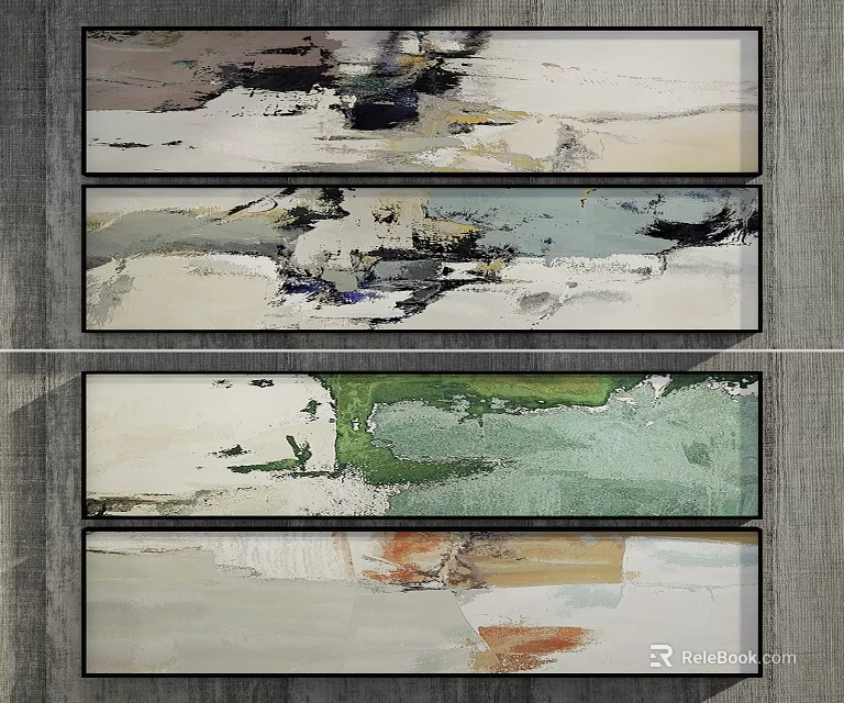Modern Abstract Paintings With Textured Brushstrokes Neutral Green And Orange Tones 3d model 