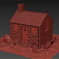 Cartoon Scene of a Quaint Stone Cottage with Small Chimney Wooden Door and Rake Nearby
