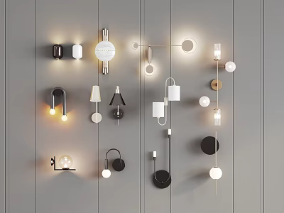 Various Design Wall Lamps Mounted On Gray Wall With Black White Shapes And Lighting 3d model
