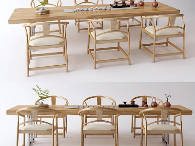 Natural Wooden Tea Table and Chairs with Teaware Potted Plant and Minimalist Design 3d model
