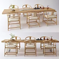 Natural Wooden Tea Table and Chairs with Teaware Potted Plant and Minimalist Design