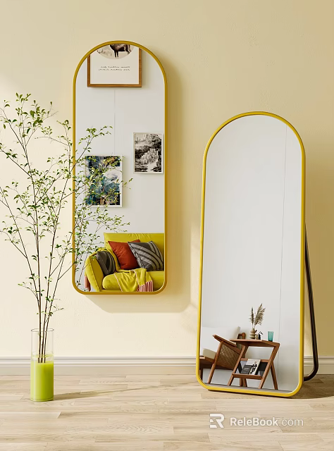 Stylish Yellow Framed Mirrors In Cozy Living Room 3d model 