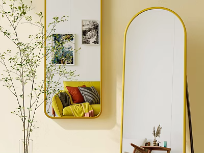 Stylish Yellow Framed Mirrors In Cozy Living Room 3d model